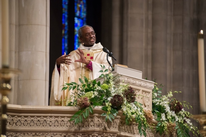 The Right Rev. Michael Curry, the first African-American Presiding Bishop of The Episcopal Church, gives a sermon at his installation service at the Washington National Cathedral in the District of Columbia on Sunday, November 1, 2015.