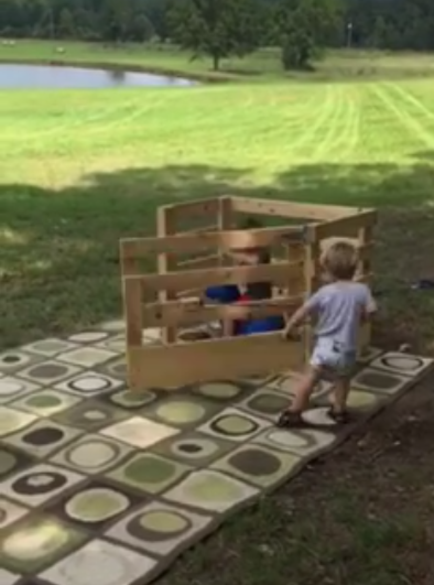 Boy rides blue foam horse in viral Facebook video.