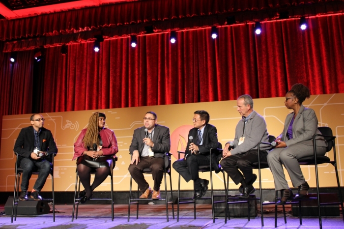 Christian leaders discuss racial reconciliation at Movement Day 2015 in New York City on October 29, 2015. From (l-r) Rich Villodas, lead pastor, New Life Fellowship Church, Elmhurst, New York; Froswa' Booker-Drew national community engagement director, World Vision, Dallas, Texas; Gabriel Salguero, president, National Latino Evangelical Coalition (NaLEC), New York, New York; Greg Jao, vice president and director of Campus Engagement, InterVarsity Christian Fellowship/USA, New York, New York; Peter Scazzero, founder, New Life Fellowship Church, Queens, New York and Brenda Salter McNeil, associate professor, Seattle Pacific University, Seattle, Washington.