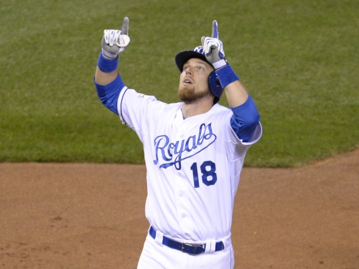 Kansas City Royals second baseman Ben Zobrist celebrates after hitting a solo home run against the Toronto Blue Jays in the first inning in game six of the ALCS at Kauffman Stadium, Kansas City, Missouri, October 23, 2015.