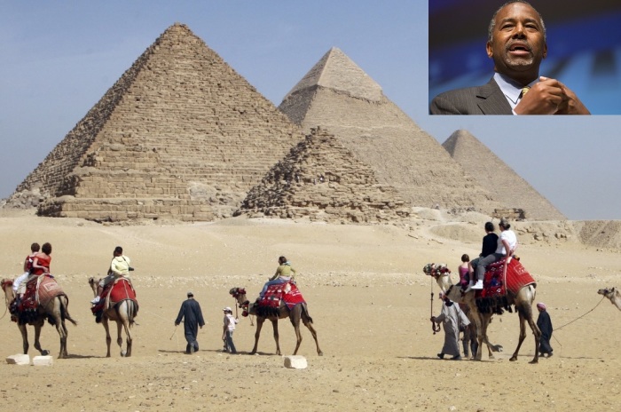 GOP 2016 presidential frontrunner, Ben Carson (inset) and pyramids in Egypt.