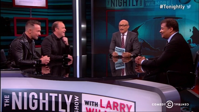 Neil deGrasse Tyson (R), Tom Papa and Carl Lentz examine the longstanding cultural conflict between scientific advancement and religious faith in a 'The Nightly Show' segment on November 5, 2015.
