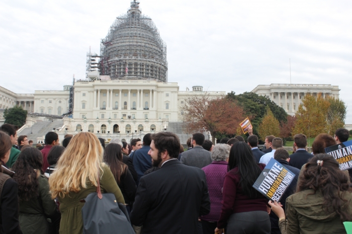 Activists gather on the West Lawn of the U.S. Capitol in Washington D.C. on November 9, 2015, to urge lawmakers to stand with Pope Francis on climate change, immigration reform, and human rights in Central America.