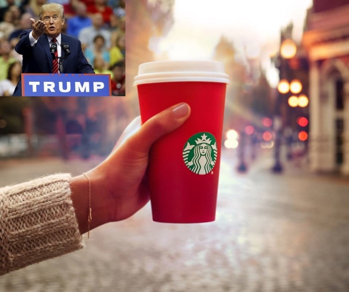 Donald Trump (inset) and coffee giant Starbucks' controversial red cup.