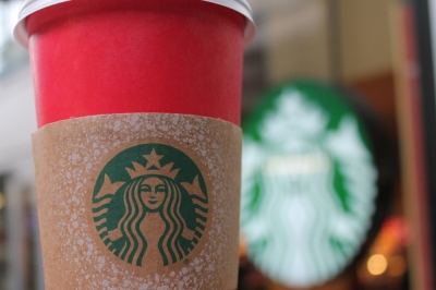 Starbucks red cup shown in front of a Starbucks store, November 10, 2015, Washington, D.C.