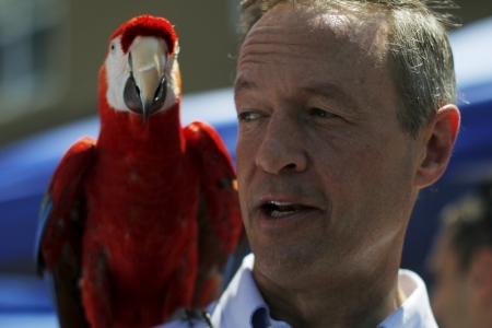 An unidentified man poses for a photograph with "Rainbow the Macaw" during Market Square Day in Portsmouth, New Hampshire, June 13, 2015.