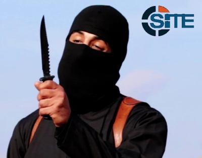 A masked, black-clad militant, who has been identified by The Washington Post newspaper as a Briton named Mohammed Emwazi, brandishes a knife in this still image from a 2014 video obtained from SITE Intel Group, February 26, 2015.