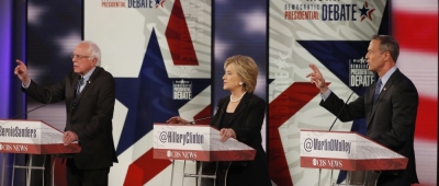 Democratic U.S. presidential candidates Senator Bernie Sanders, former Secretary of State Hillary Clinton and former Maryland Governor Martin O'Malley (R) participate in the second official 2016 U.S. Democratic presidential candidates debate in Des Moines, Iowa, November 14, 2015.