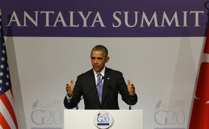 U.S. President Barack Obama addresses a news conference following a working session at the Group of 20 (G20) leaders summit in the Mediterranean resort city of Antalya, Turkey, November 16, 2015.