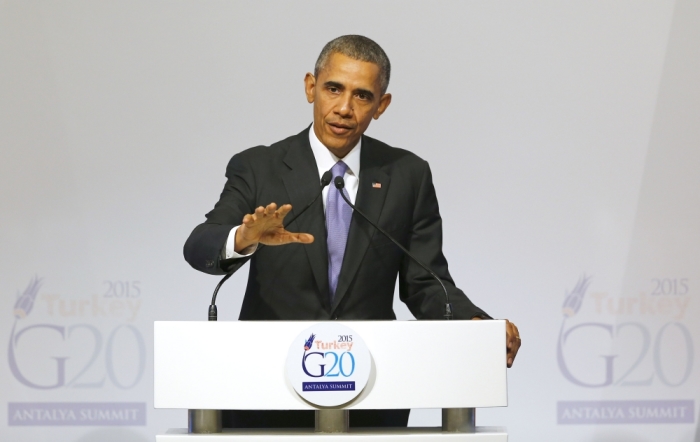 U.S. President Barack Obama addresses a news conference following a working session at the Group of 20 leaders summit in the Mediterranean resort city of Antalya, Turkey, November 16, 2015.