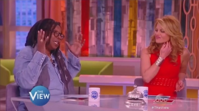 Co-host Whoopi Goldberg (L) explains that Adolf Hitler was a Christian during a discussion on the Syrian refugee crisis on the November 17, 2015, episode of ABC's 'The View,' while co-host Candace Cameron Bure (R) looks on in puzzlement.