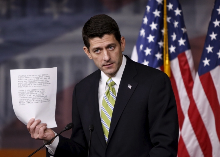 U.S. Speaker of the House Paul Ryan, R-Wis., holds a news conference on Capitol Hill in Washington, November 19, 2015. Ryan said that the Syrian refugee bill would be the first of many on security and travel issues.