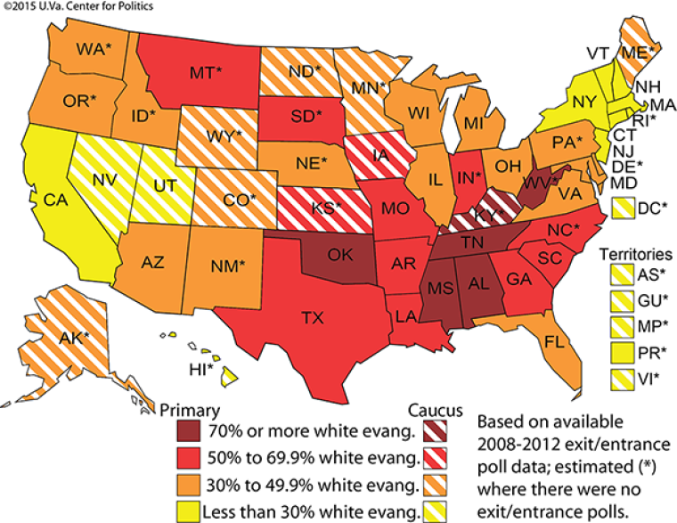 Size of white evangelical electorates by state in Republican primaries and caucuses