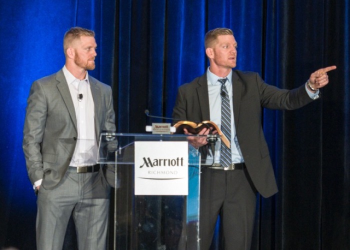 Twin brothers David and Jason Benham give remarks at the annual Pregnancy Resource Center Gala at the Richmond Marriott in Richmond, Virginia on Thursday, November 19, 2015.