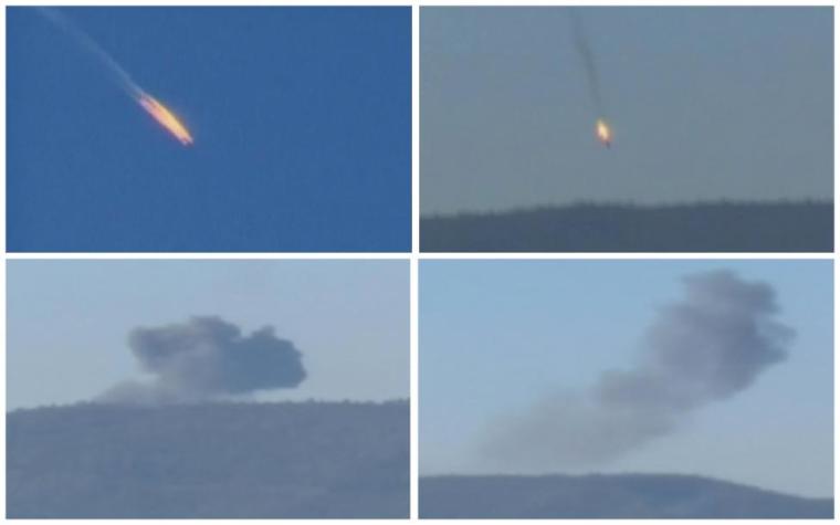 A combination picture taken from video shows a war plane crashing in flames in a mountainous area in northern Syria after it was shot down by Turkish fighter jets near the Turkish-Syrian border November 24, 2015.