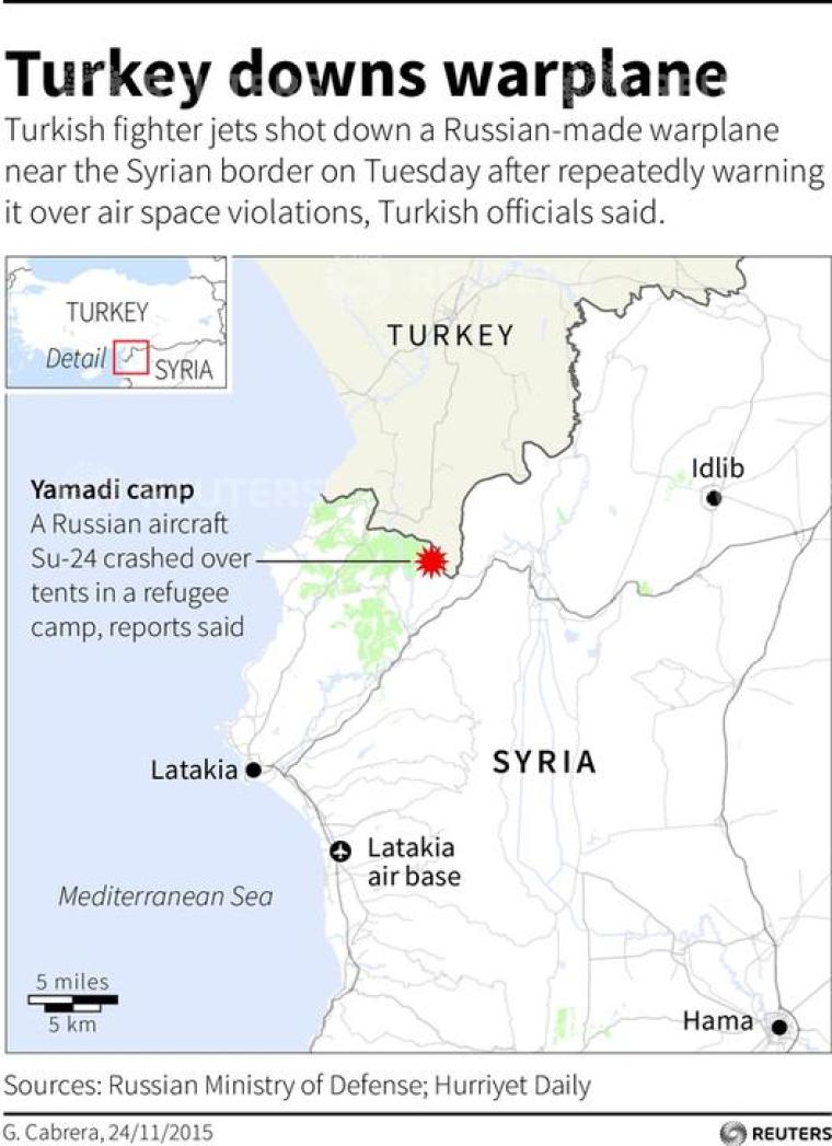 Map of the Turkey-Syrian border locating approximate site where a Russian warplane crashed after it was shot down by the Turkish military on Tuesday.