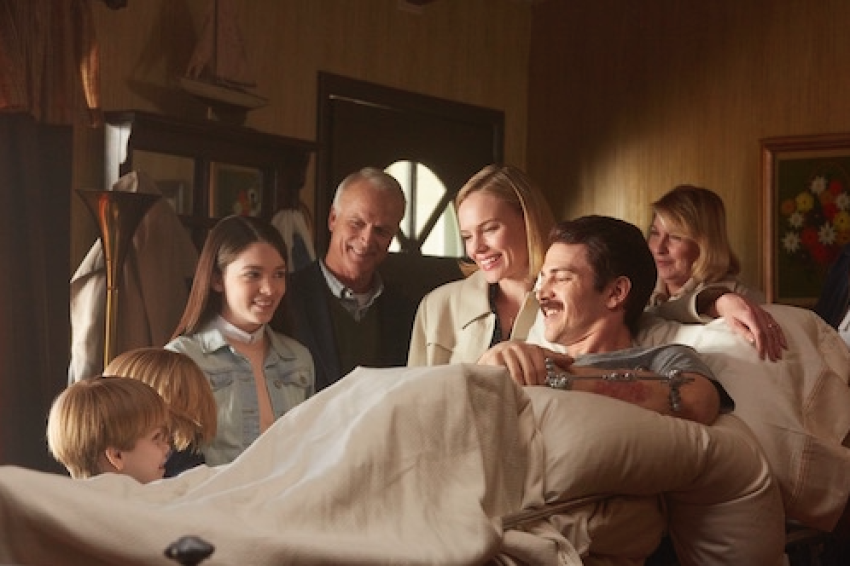 (L to R:) Hudson Meek (Chris Piper), Bobby Baston (Joe Piper), Elizabeth Hunter (Nicole Piper), David Clyde Carr (Eva's Dad), Kate Bosworth (Eva Piper), Hayden Christensen (Don Piper) and Catherine Carlen (Eva's Mom), welcome Don home from his 13-month hospital stay in the 2015 film