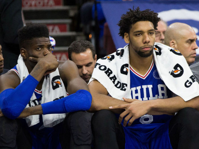 Jahlil Okafor and Nerlens Noel look miserable in the Sixers bench.