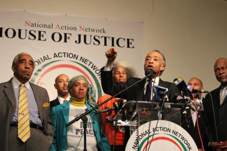 Outspoken civil rights leader Rev. Al Sharpton challenged a group of black pastors meeting with GOP 2016 presidential frontrunner Donald Trump, to hold him accountable on issues affecting the black community during a press conference at the National Action Network's headquarters in Harlem, New York on November 30, 2015. Behind him (from L-R) are Congressman Charlie Rangel D-NY; NAN minister, Kirsten John Fry; Iesha Sekou of Street Corner Resources; National Anti-Gun Violence Activist Erica Ford; Congressman Hakeem Jeffries D-N.Y. and New York Assemblyman Keith Wright.