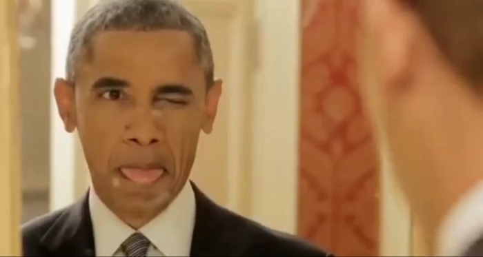 President Barack Obama sticks out his tongue and winks in a mock video shared by Donald Trump on November 30, 2015.