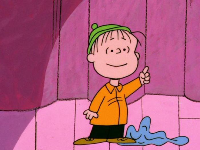 Linus Van Pelt delivering his speech on what Christmas is about by reciting Luke 2:8-14 in 'A Charlie Brown Christmas' (1965).