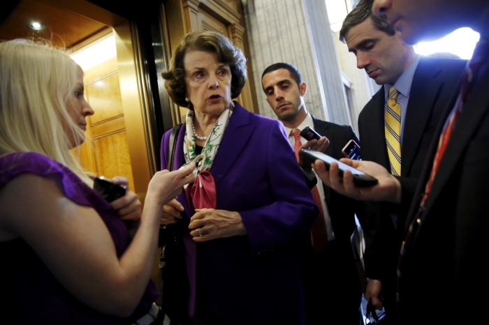 U.S. Senator Dianne Feinstein (D-CA) speaks with reporters at the weekly after-party caucus luncheons at the U.S. Capitol in Washington June 23, 2015.
