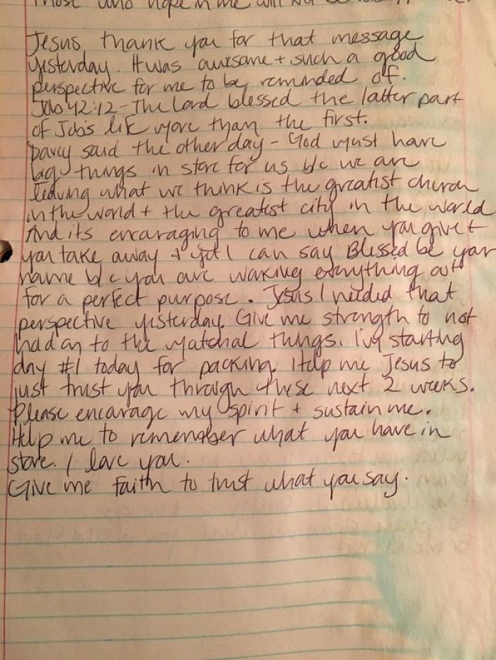 Amanda Blackburn's prayer journal entry after her last Sunday at NewSpring Church in South Carolina in 2012.