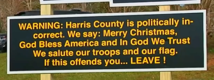 A 'politically incorrect' sign posted at the Harris County Sheriff's Office in Harris County, Georgia.