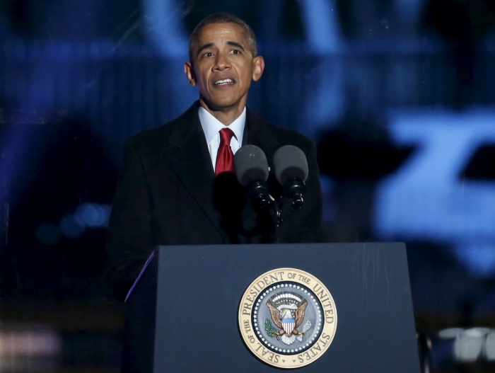 U.S. President Barack Obama speaks during the National Christmas Tree Lighting and Pageant of Peace ceremony on the Ellipse near the White House in Washington, December 3, 2015.