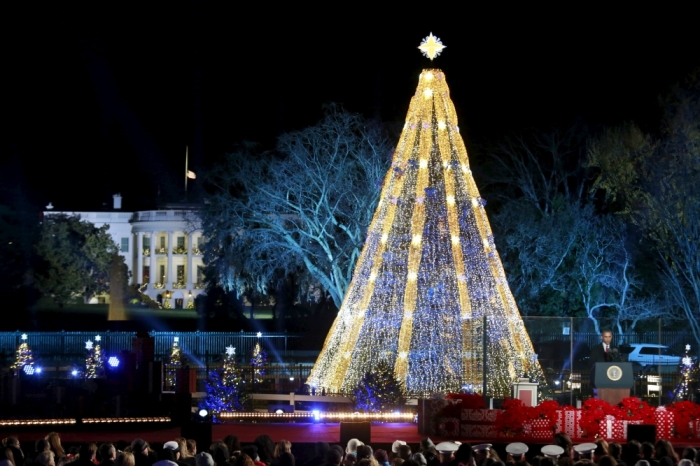 U.S. President Barack Obama speaks during the National Christmas Tree Lighting and Pageant of Peace ceremony on the Ellipse near the White House in Washington December 3, 2015.