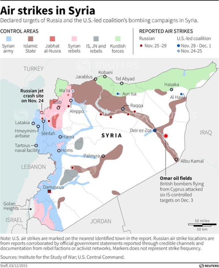 Map locating air strikes by Russia and the U.S.-led coalition against IS.