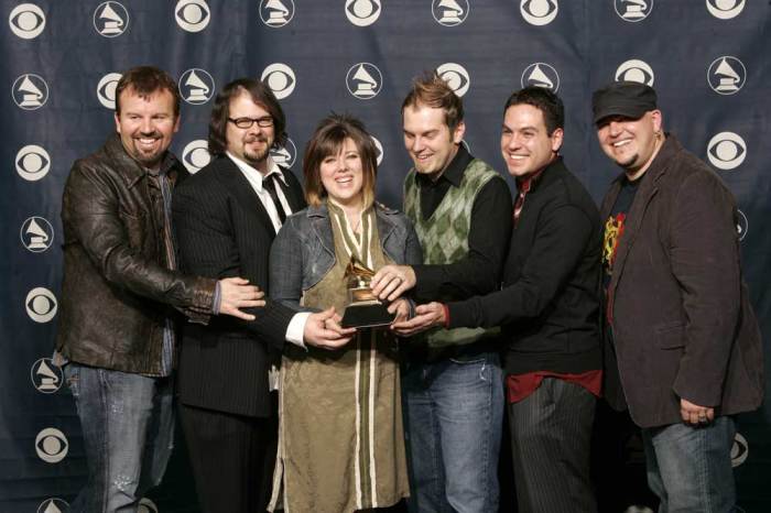 Members of the group Casting Crowns pose with the Grammy award they won for best pop/contemporary gospel album for 'Lifesong' at the 48th annual Grammy Awards in Los Angeles February 8, 2006.