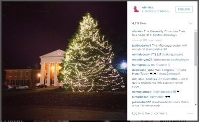 A screengrab from an Instagram post by the University of Mississippi showing the lighted university Christmas tree.