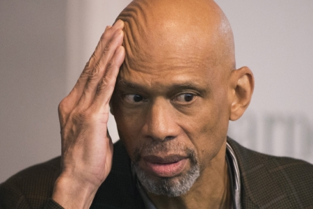 Legendary American basketball player Kareem Abdul-Jabbar is seen in a book store ahead of a discussion about his novel "Mycroft Holmes" in Manhattan, New York September 21, 2015.