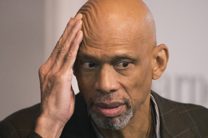 Legendary American basketball player Kareem Abdul-Jabbar is seen in a book store ahead of a discussion about his novel 'Mycroft Holmes' in Manhattan, New York September 21, 2015.