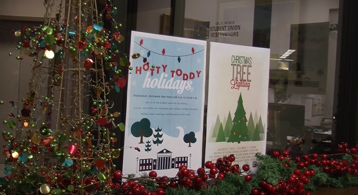 Signs for the 2015 Christmas holiday celebration at the University of Mississippi. Critics claim the name change from 'A Grand Ole Christmas' to 'Hotty Toddy Holiday' was too politically correct.