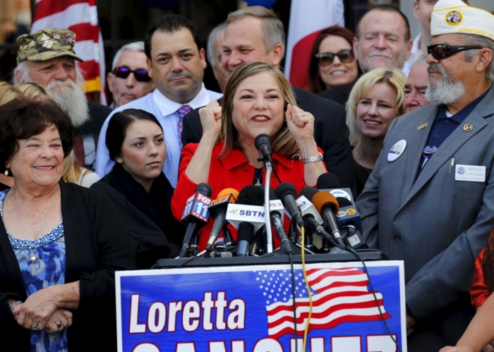 Rep. Loretta Sanchez (D-Garden Grove) announces she will run for the U.S. Senate seat of vacating California Senator Barbara Boxer during an event in Santa Ana, California May 14, 2015. Sanchez said on Thursday she would take on California Attorney General Kamala Harris for the Democratic nomination to succeed retiring U.S. Senator Barbara Boxer, the Los Angeles Times reported.