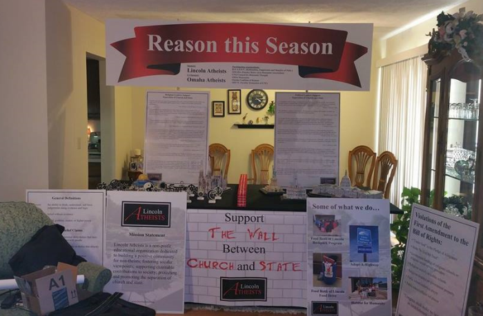 The table display and posters that the group Lincoln Atheists plans to erect at the Nebraska Capitol Rotunda during the week of December 19-26, 2015.