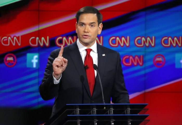 Republican U.S. presidential candidate Senator Marco Rubio speaks during the Republican presidential debate in Las Vegas, Nevada December 15, 2015.
