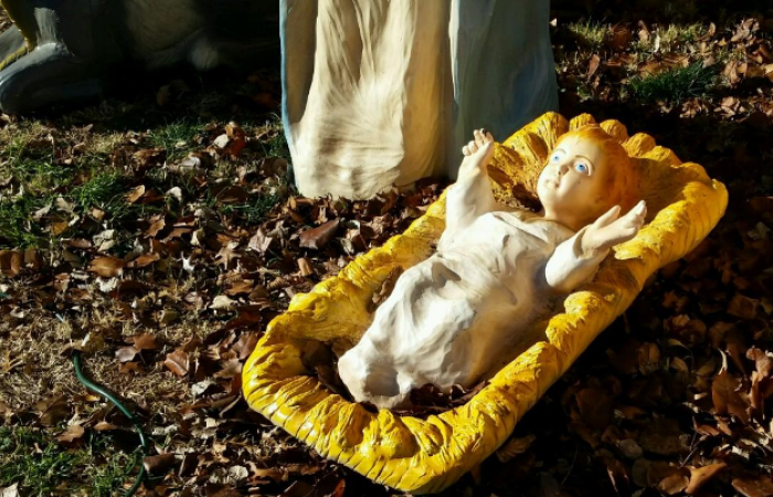 A statue of the Baby Jesus in a nativity outside the offices of The Children's Home, a Christian charity based in Amarillo, Texas.