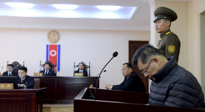 South Korea-born Canadian Pastor Hyeon Soo Lim attends his trial at a North Korean court in this undated photo released by North Korea's Korean Central News Agency in Pyongyang, December 16, 2015. North Korea's highest court has sentenced the South Korea-born Canadian pastor to hard labor for life for subversion, China's official news agency Xinhua reported on Wednesday. Hyeon has been held by North Korea since February. He had appeared on North Korean state media earlier this year confessing to crimes against the state.
