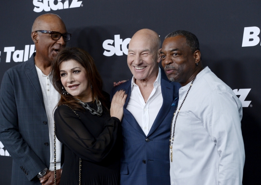 Cast member Patrick Stewart (2nd R) poses with "Star Trek" franchise actors Michael Dorn (L) Marina Sirtis and LeVar Burton (R) during Los Angeles premiere of "Blunt Talk" at the DGA Theater in Los Angeles, California August 10, 2015. The 10-episode half-hour television series premieres on August 22 on Starz premium cable and satellite television network.