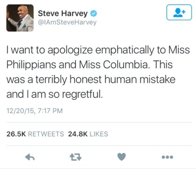 A screenshot of the now-deleted tweet of Steve Harvey misspelling Philippines and Colombia