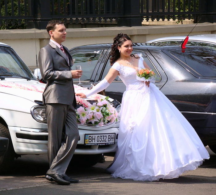 A Russian couple pose after their wedding.