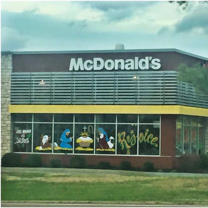 A nativity scene painted on the windows of a McDonald's in Spring Hill, Tennessee, in a photo shared on Facebook on December 14, 2015.