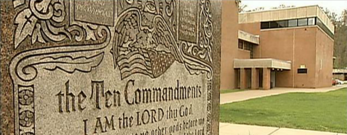 A Ten Commandments display placed on the campus of Valley High School of New Kensington-Arnold School District in Pennsylvania.