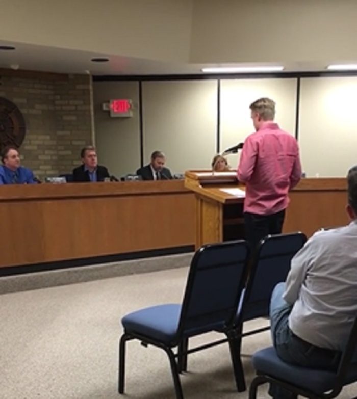 Steven Belstra giving an atheist invocation at the Dec. 28, 2015 meeting of Grandville City Council in Grandville, Michigan.
