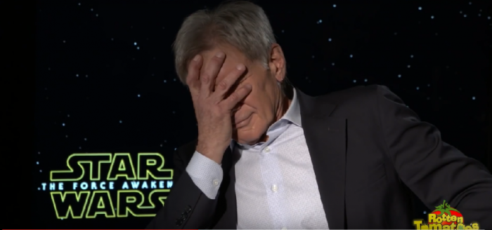 Harrison Ford face-palms while playing the quiz 'Star Wars or Florida?' during an interview with Rotten Tomatoes.