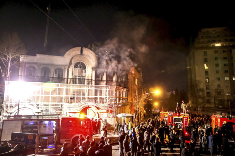 Flames rise from Saudi Arabia's embassy during a demonstration in Tehran January 2, 2016. Iranian protesters stormed the Saudi Embassy in Tehran early on Sunday morning as Shi'ite Muslim Iran reacted with fury to Saudi Arabia's execution of a prominent Shi'ite cleric.