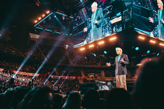 Christian apologist and author Ravi Zacharias speaks to tens of thousands of young adults in Atlanta's Philips Arena on Sunday, January 3, 2016. Students in Houston were able to watch Zacharias through livestream for the first time in Passion's 19 year history.